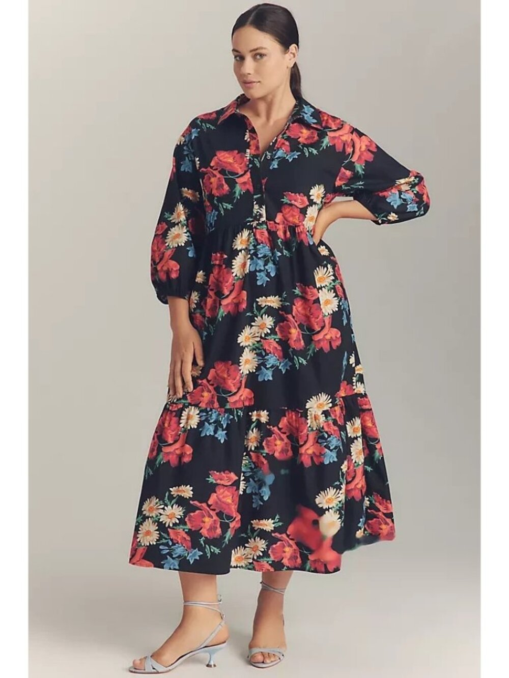 Maeve x Anthropologie 2X Bettina Tiered Shirt Dress Floral Motif
